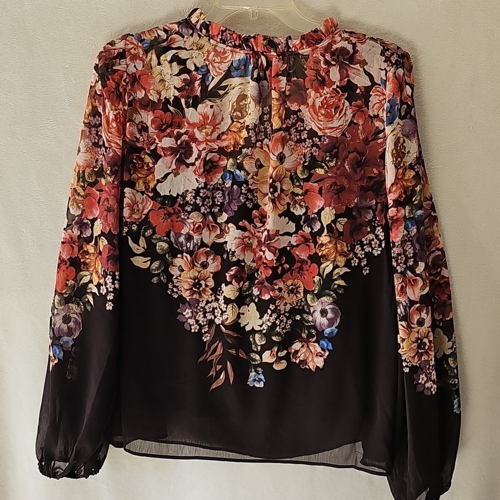 Rachel Zoe Whimsical Black Multicolor Sheer Floral Tie Neck Blouse M - Picture 5 of 5